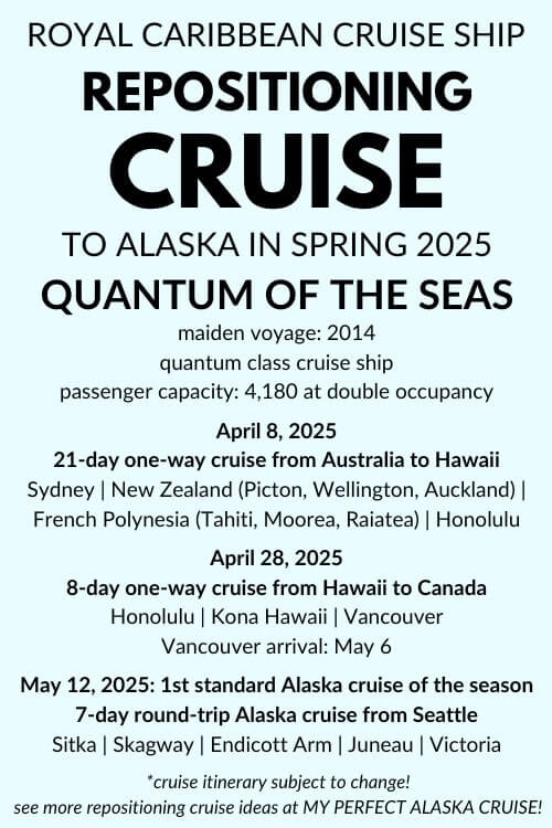quantum of the seas repositioning cruise to alaska. april 2025. may 2025. sydney australia to new zealand to hawaii to vancouver to alaska