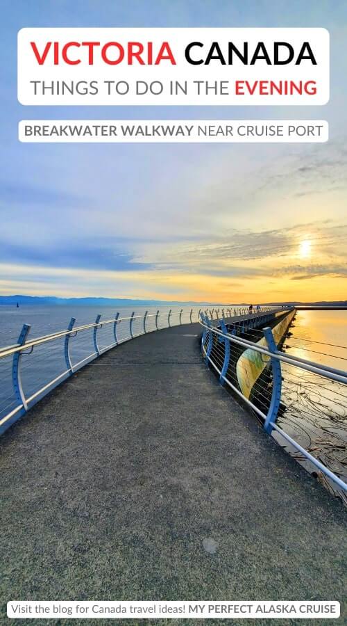walking from victoria cruise port to breakwater walkway lighthouse in the evening. victoria sunset walk