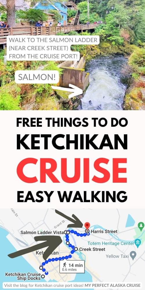 walking from ketchikan cruise port to salmon ladder and creek street map. alaska cruise free things to do
