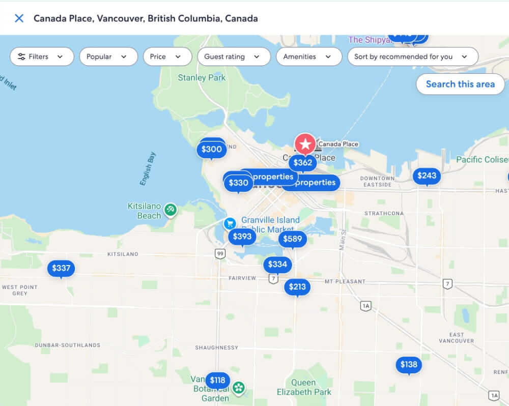 pre-cruise vancouver hotels map