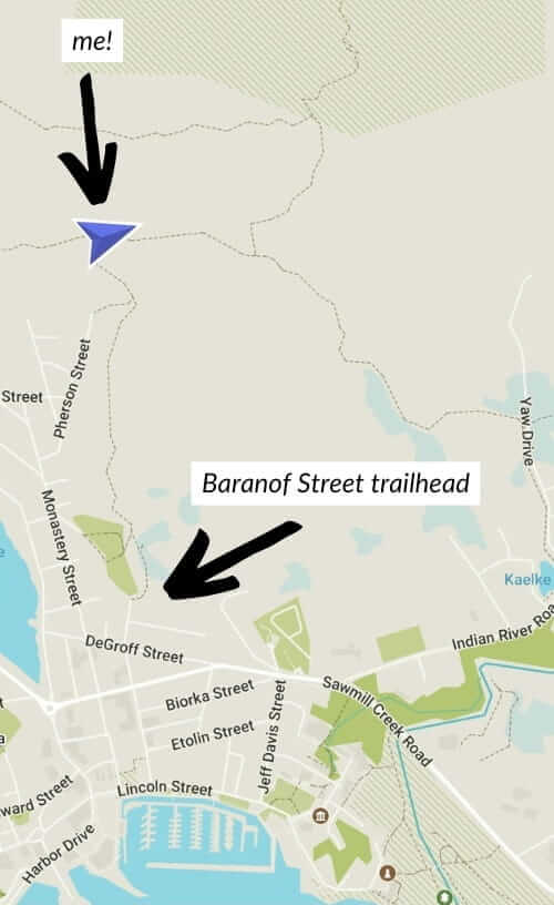 sitka hiking map. baranof street trailhead
